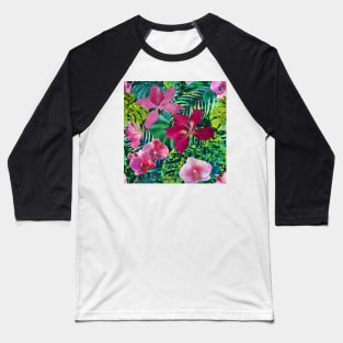 Dark tropical flowers and palm leaves Orchids, Bauhinia flowers watercolor exotic printloral seamless pattern Baseball T-Shirt